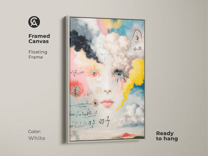 A framed surreal face canvas art with a white floating frame is displayed. The conceptual artwork blends a portrait with math equations. Blue pink and yellow hues create an intellectual artistic statement piece that's ready to hang.