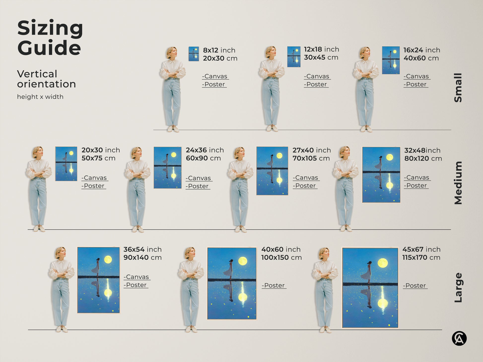 Find your perfect fit with our sizing guide. This surreal artwork is available in various sizes. See how the canvas or poster transforms your space. Sizes range from small to large to complement your space.