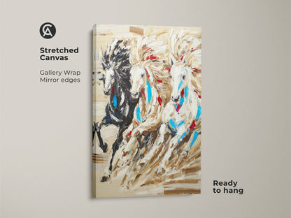 Close up of a stretched canvas print featuring three galloping horses. The spiritual animal decor has gallery wrapped mirrored edges and is ready to hang. It's a native american spirit art.