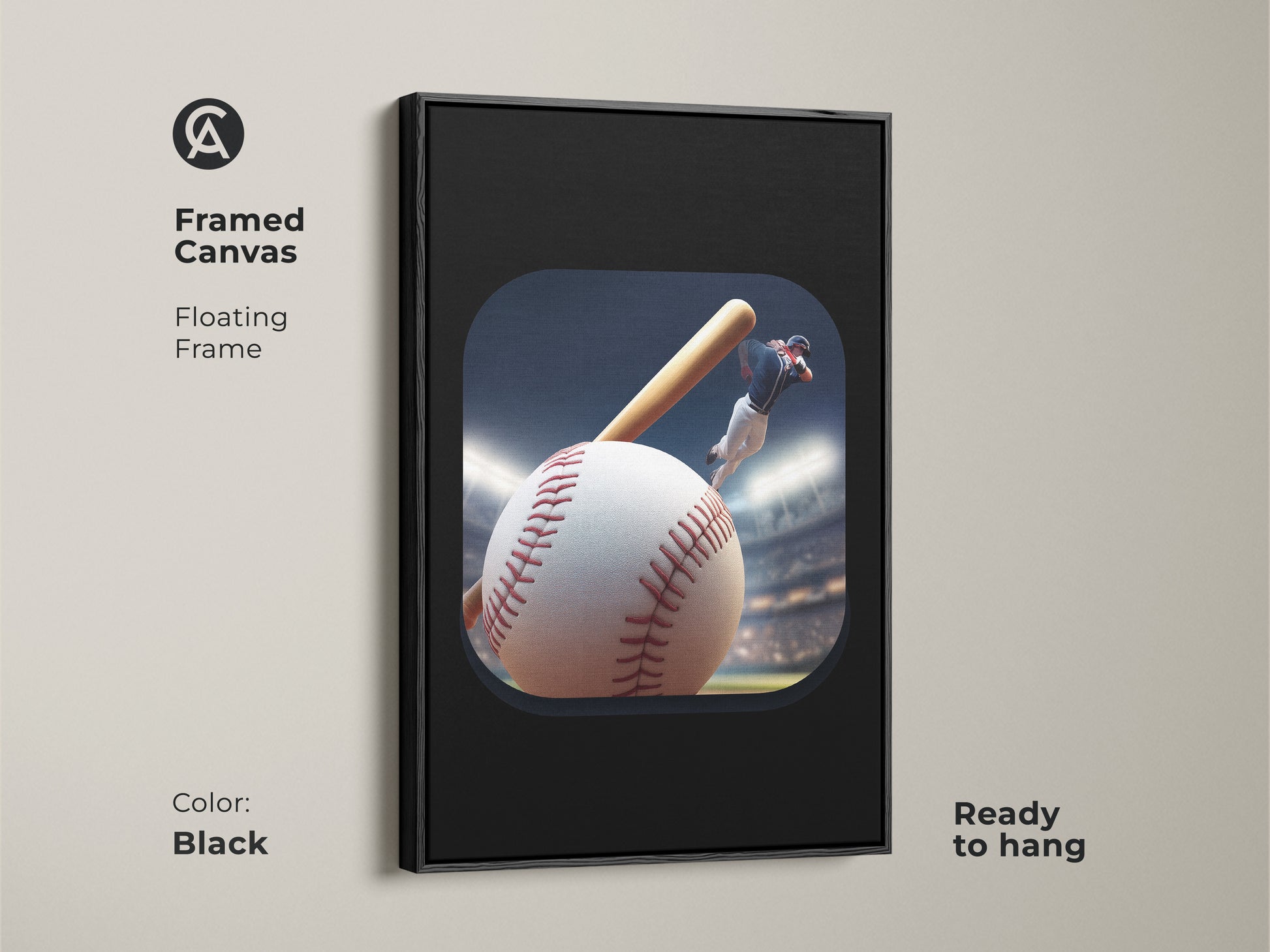 Framed canvas art of baseball player action. This modern baseball art print is ready to hang. Features a floating frame in black. Ideal sports wall art for a man cave. This contemporary baseball decor is perfect as a gift for baseball fan dad. Dynamic sports artwork.