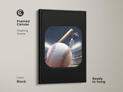 Framed canvas art of baseball player action. This modern baseball art print is ready to hang. Features a floating frame in black. Ideal sports wall art for a man cave. This contemporary baseball decor is perfect as a gift for baseball fan dad. Dynamic sports artwork.