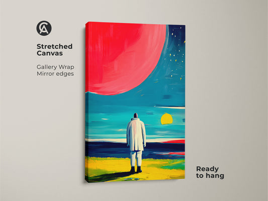 Stretched canvas of contemporary orange blue teal art. The abstract geometric wall art features gallery wrapped edges. This modern art print is ready to hang. This makes it perfect for housewarming gifts and art lover presents.