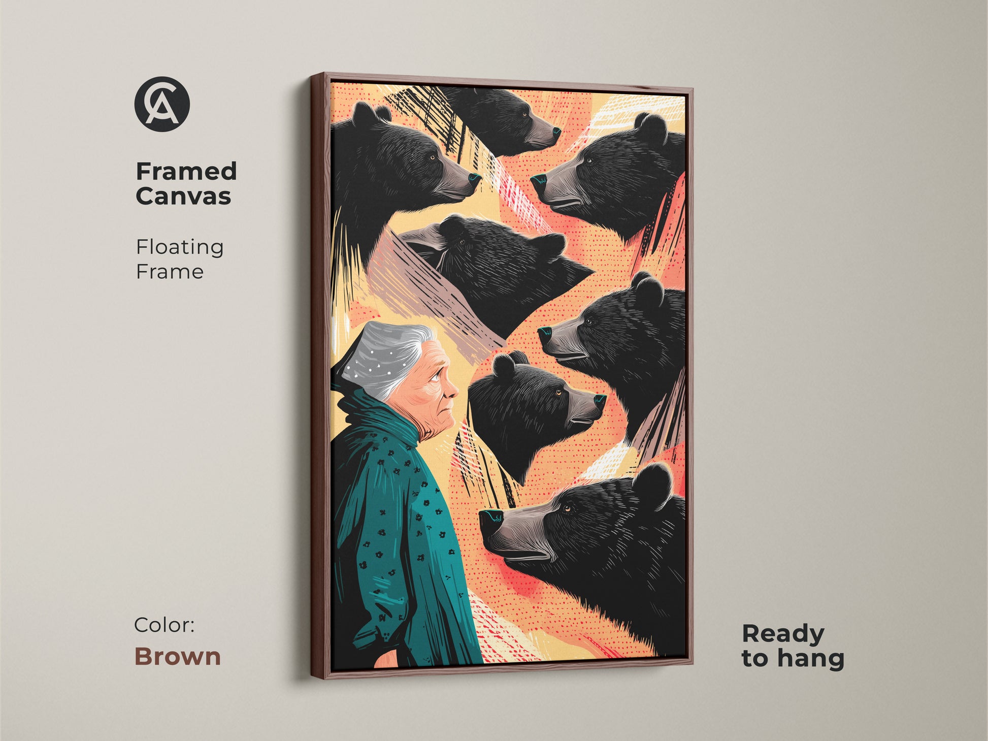 Framed canvas art showcasing the surreal woman and bear. This eclectic animal print is set in a brown floating frame. Ready to hang providing distinctive art for office use as conversation piece.