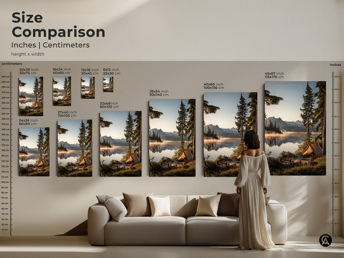 Size comparison of mountain lake camping art in inches and centimeters. See how various sizes fit above a sofa. Dimensions range from 20x30 cm to 45x67 inch. Visualize the impact of this outdoor adventure landscape wall decor. Find the perfect scale for your space.
