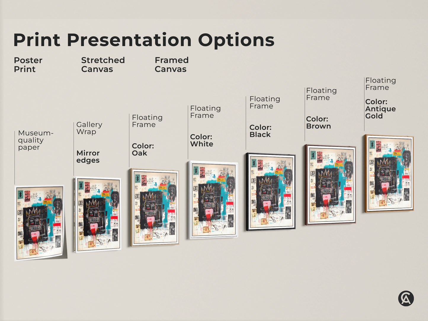 Explore the presentation options for this Basquiat-inspired artwork. Choose from poster prints stretched canvases and framed canvases. Enhance your space with museum-quality art. Select the perfect style to match your decor.