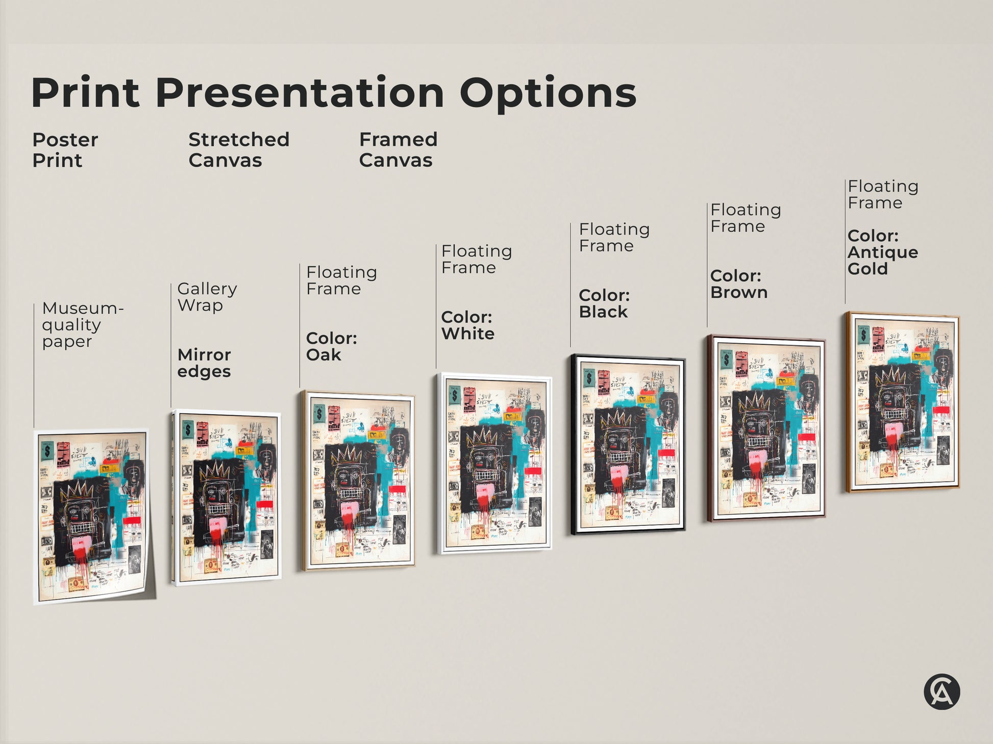 Explore the presentation options for this Basquiat-inspired artwork. Choose from poster prints stretched canvases and framed canvases. Enhance your space with museum-quality art. Select the perfect style to match your decor.