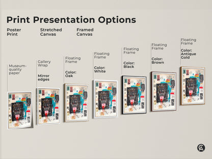 Explore the presentation options for this Basquiat-inspired artwork. Choose from poster prints stretched canvases and framed canvases. Enhance your space with museum-quality art. Select the perfect style to match your decor.