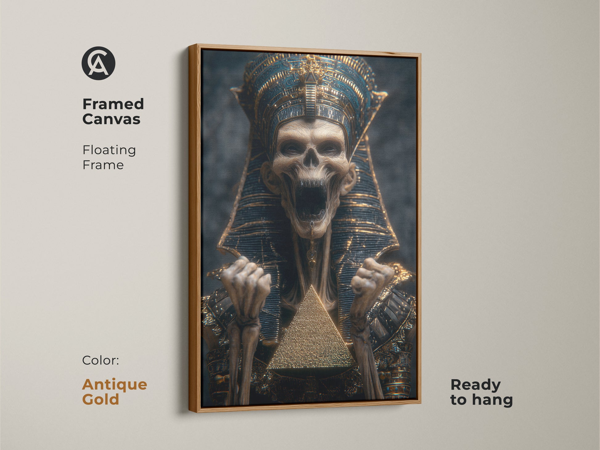 A framed canvas presents a skeleton pharaoh with an antique gold frame. This wall decor is ready to hang. Its royal skeleton canvas offers a unique look. Display the gothic pyramid artwork with pride. The art is a pyramid canvas.