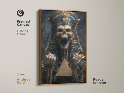 A framed canvas presents a skeleton pharaoh with an antique gold frame. This wall decor is ready to hang. Its royal skeleton canvas offers a unique look. Display the gothic pyramid artwork with pride. The art is a pyramid canvas.