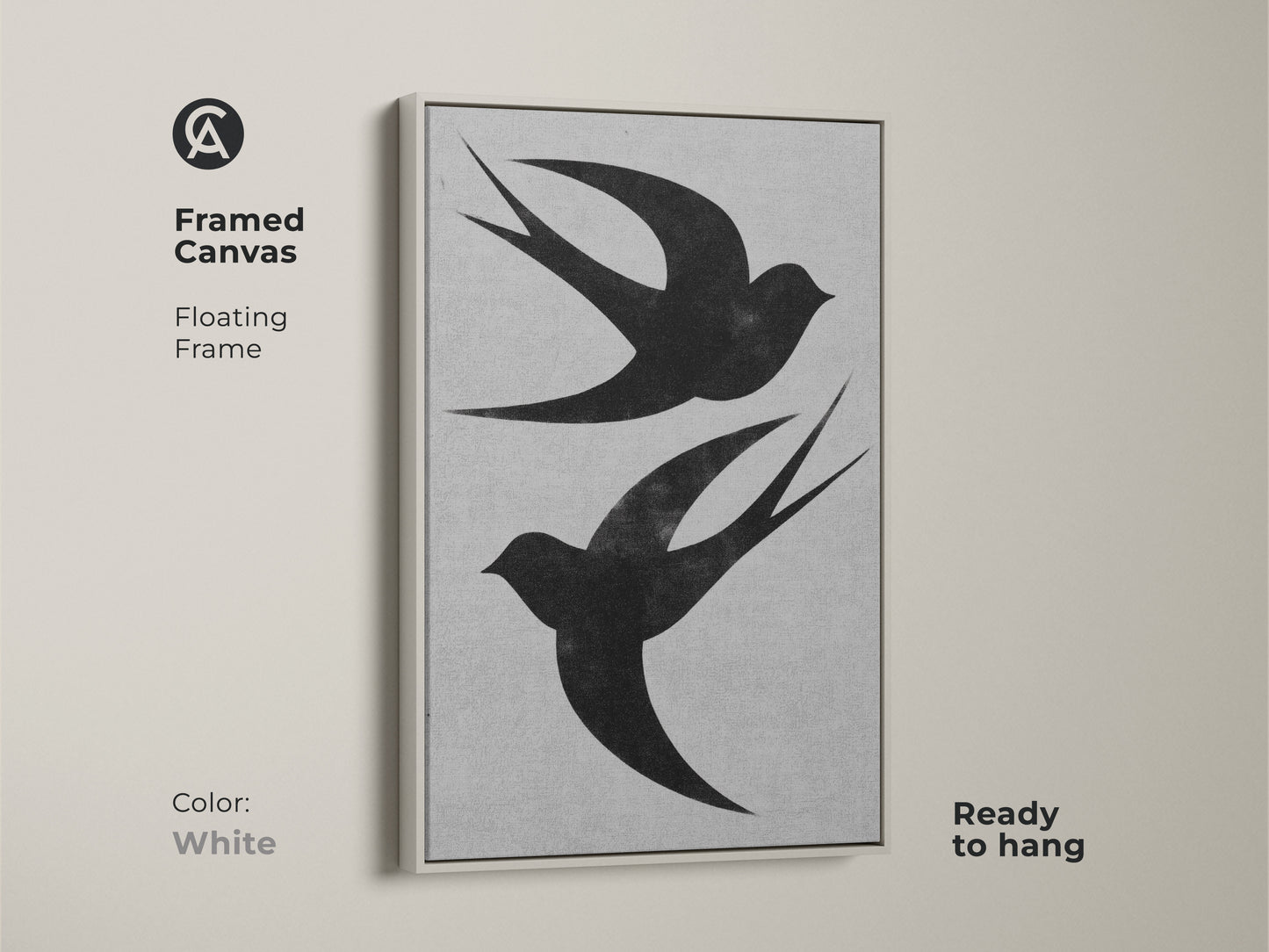 Explore print presentation options. This minimalist swallow art print is available as a poster or stretched/framed canvas. See gallery wrap museum quality edges and floating frame options. Each enhances the black and white bird art.