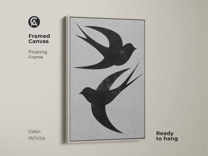 Explore print presentation options. This minimalist swallow art print is available as a poster or stretched/framed canvas. See gallery wrap museum quality edges and floating frame options. Each enhances the black and white bird art.