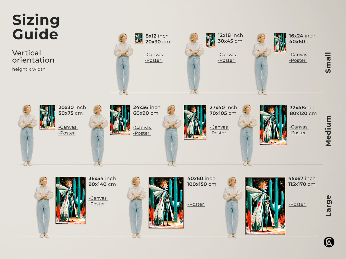 Sizing guide for vertical fantasy knight art print. Available as canvas or poster in sizes small medium and large. Perfect retro desert wall decor with teal orange and green mid-century modern elements.