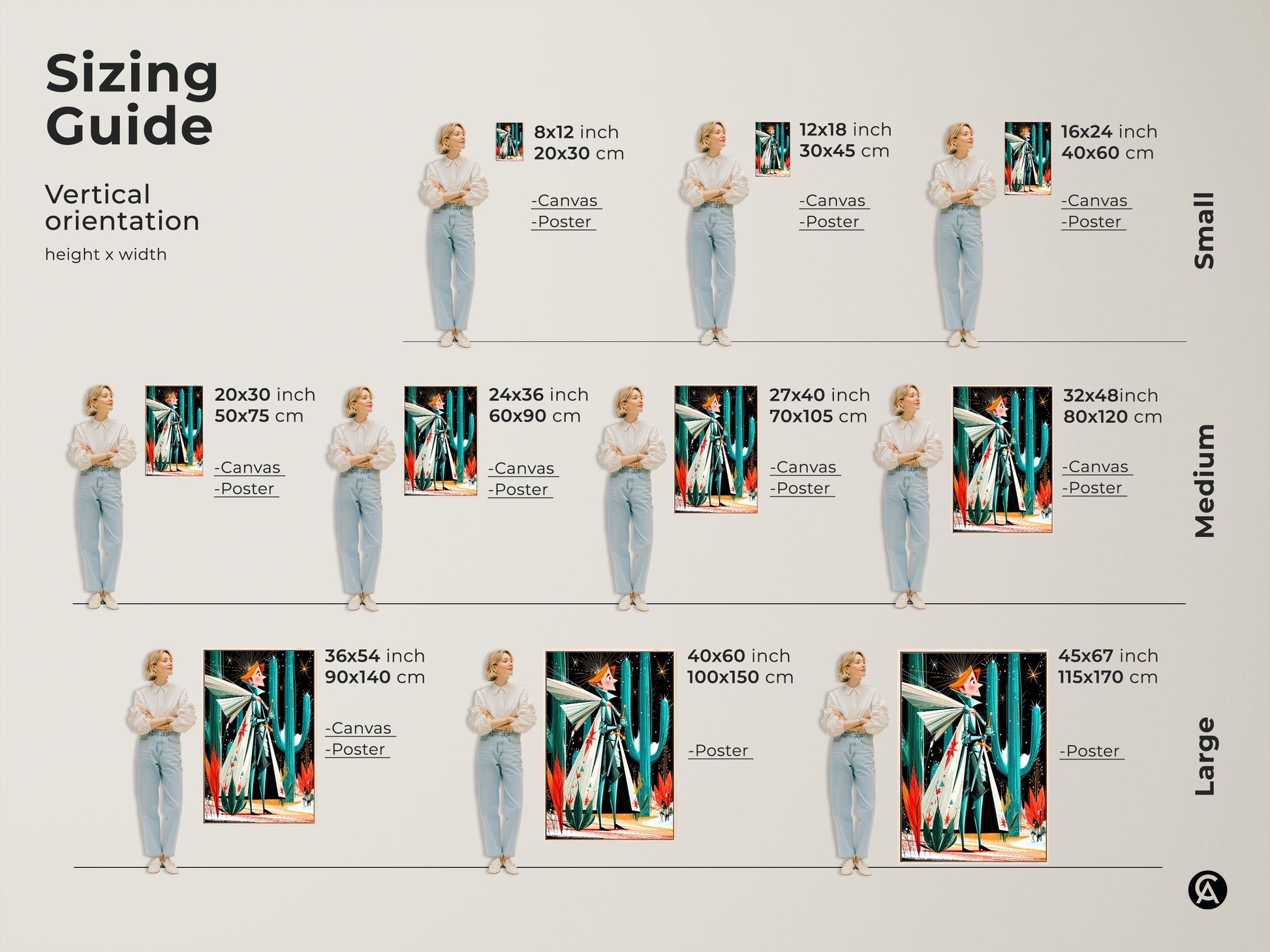 Sizing guide for vertical fantasy knight art print. Available as canvas or poster in sizes small medium and large. Perfect retro desert wall decor with teal orange and green mid-century modern elements.
