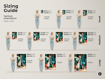 Sizing guide for vertical fantasy knight art print. Available as canvas or poster in sizes small medium and large. Perfect retro desert wall decor with teal orange and green mid-century modern elements.