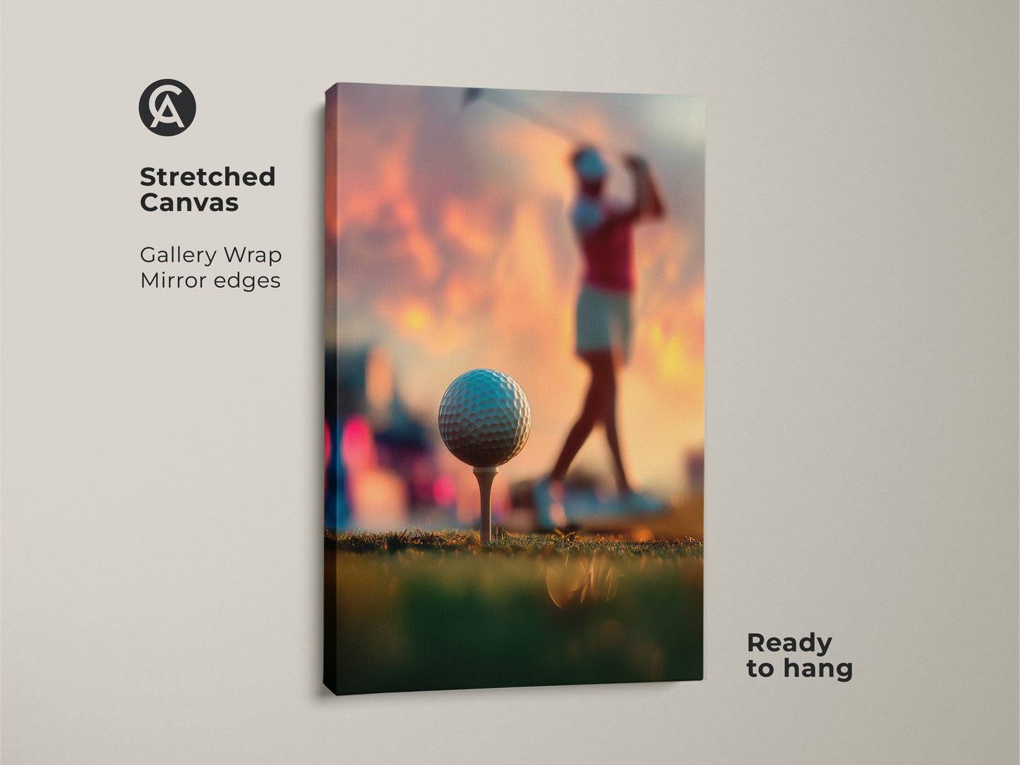 Stretched canvas artwork of a golfer. Gallery wrapped with mirrored edges. Ready to hang for easy installation. Ideal for sports themed rooms. The canvas adds texture to the golf art. A great conversation starter for any golf lover.