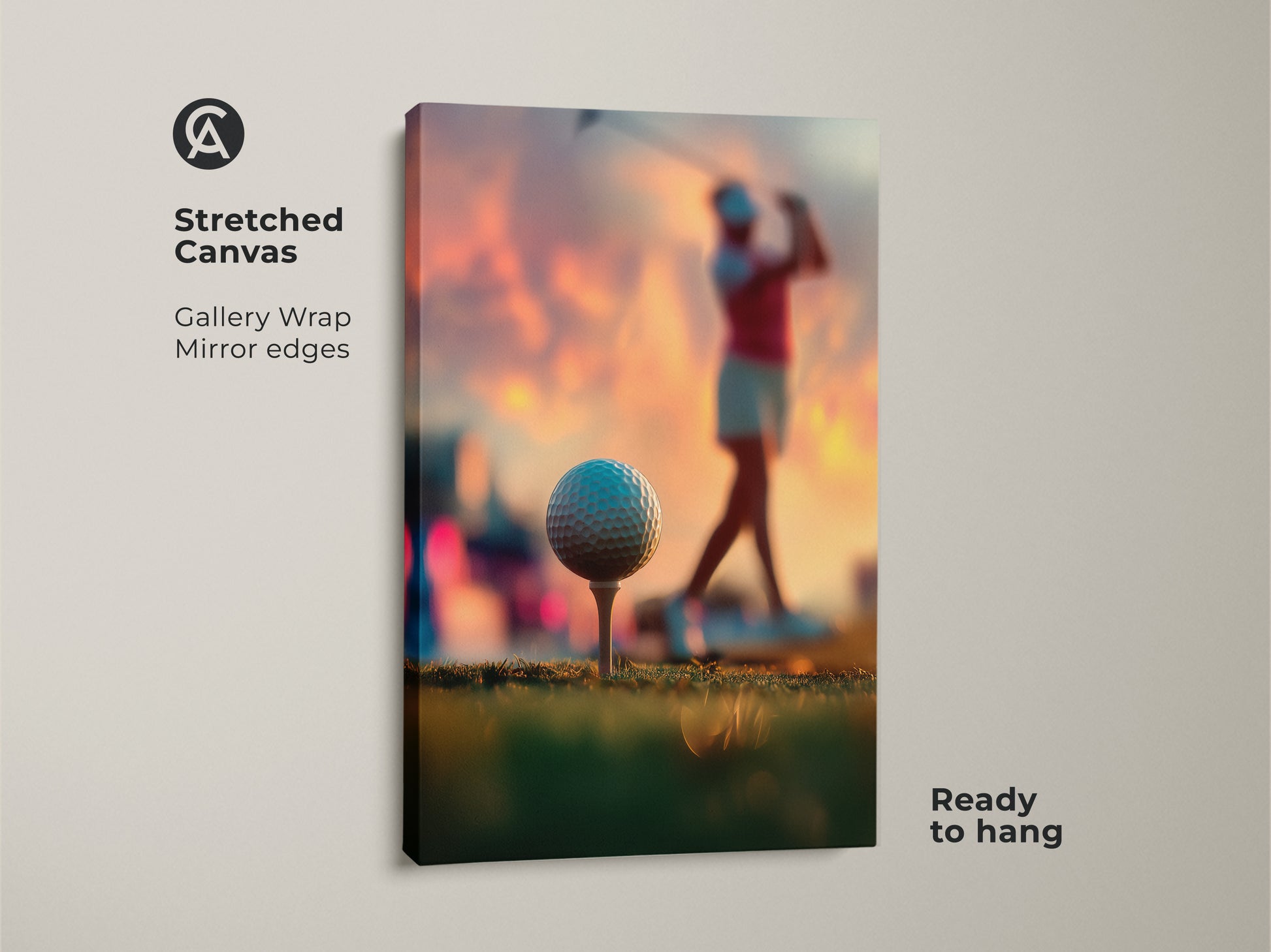 Stretched canvas artwork of a golfer. Gallery wrapped with mirrored edges. Ready to hang for easy installation. Ideal for sports themed rooms. The canvas adds texture to the golf art. A great conversation starter for any golf lover.