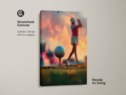 Stretched canvas artwork of a golfer. Gallery wrapped with mirrored edges. Ready to hang for easy installation. Ideal for sports themed rooms. The canvas adds texture to the golf art. A great conversation starter for any golf lover.