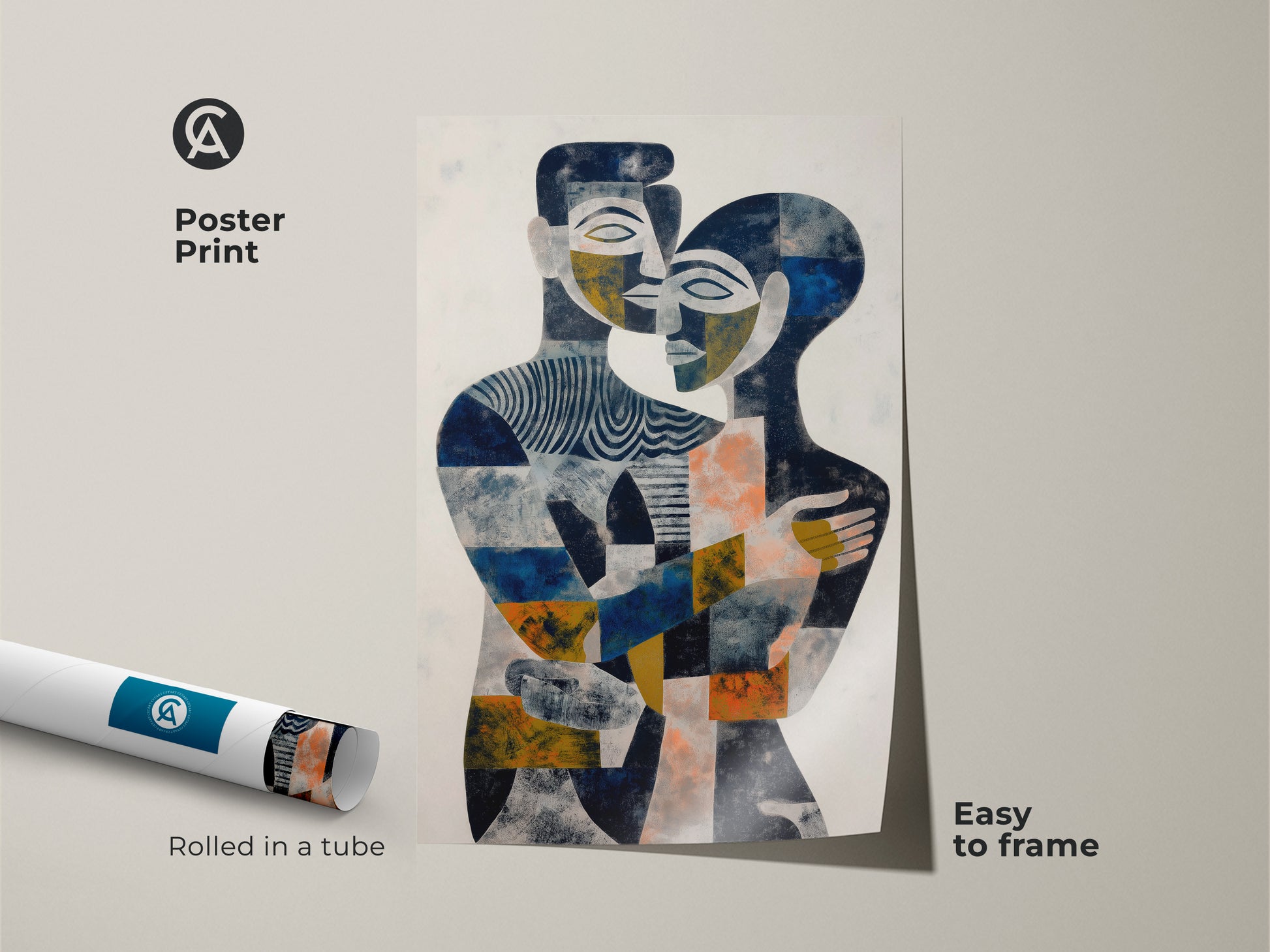 Transform your home with this captivating abstract portrait canvas. Navy gold and blue hues blend in this contemporary artwork. It features a couple in a loving embrace. This modern abstract decor is perfect for adding artistic flair. It's a sophisticated and romantic wall art print ideal as a couple anniversary gift.