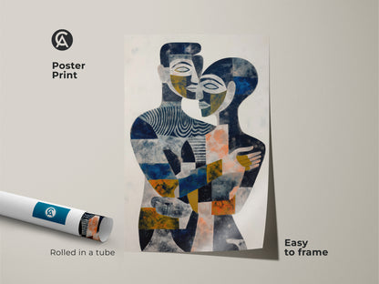 Transform your home with this captivating abstract portrait canvas. Navy gold and blue hues blend in this contemporary artwork. It features a couple in a loving embrace. This modern abstract decor is perfect for adding artistic flair. It's a sophisticated and romantic wall art print ideal as a couple anniversary gift.