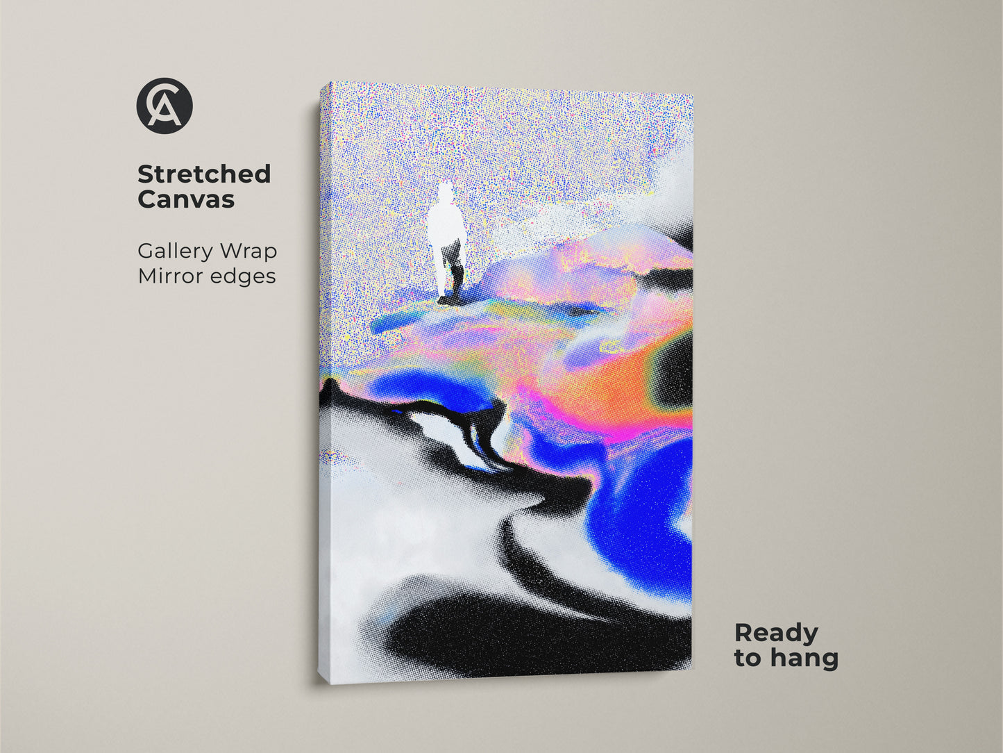Close-up of a stretched canvas print with glitch effect figure art. The gallery wrap showcases mirrored edges. The abstract artwork is ready to hang. It's a perfect piece for living room statement art or scandinavian abstract art.
