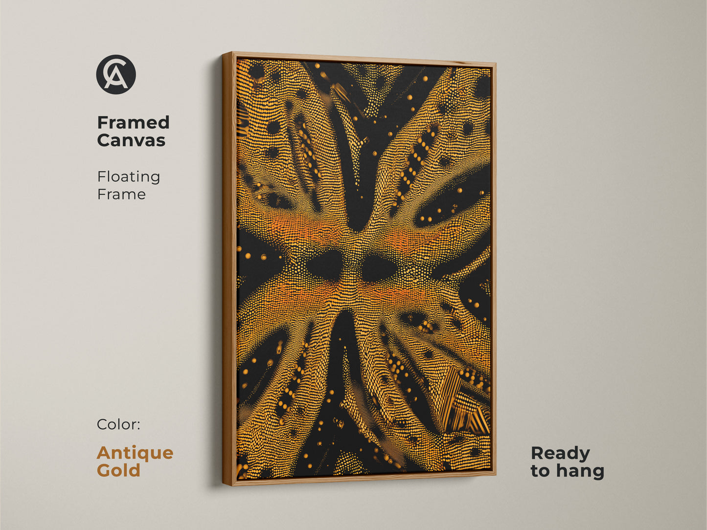 This shows a framed canvas of goldenrod and black abstract art. The geometric dotted artwork features an antique gold floating frame. This textured canvas print is ready to hang. It is an upscale office art.