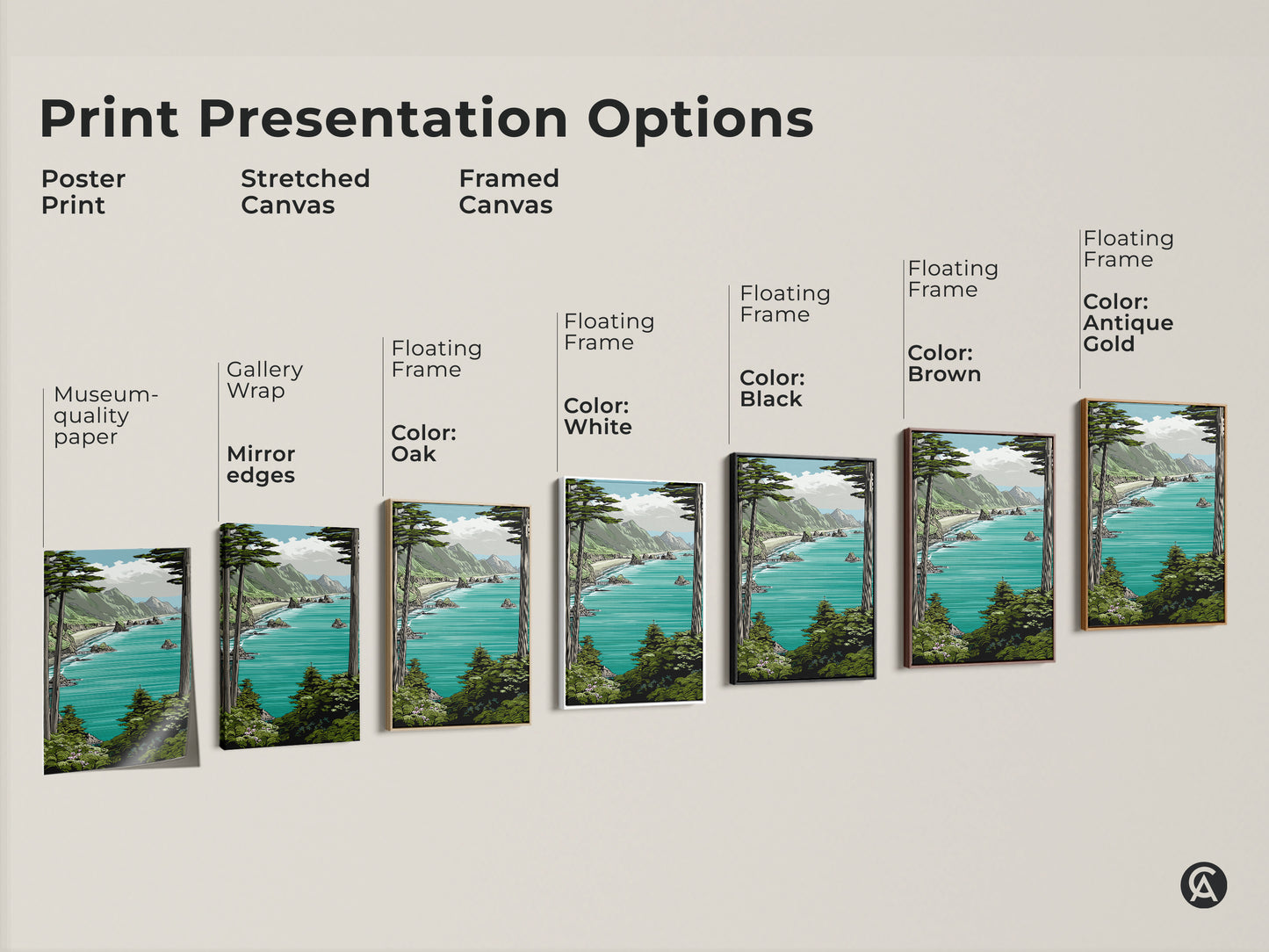 Various print presentation options for a teal aqua mountain coastal art print. Choose from poster stretched canvas or framed canvas with different frame colors. Find the perfect seaside nature wall art.