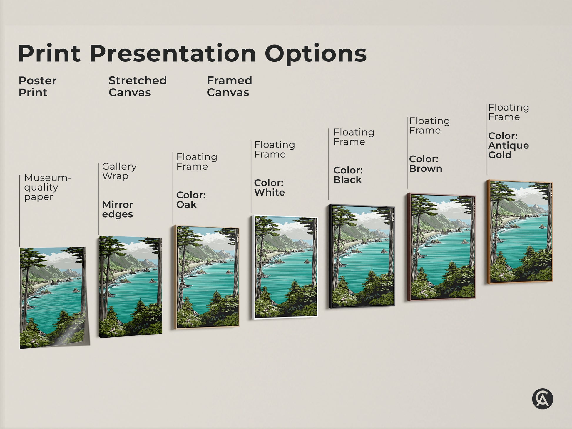 Various print presentation options for a teal aqua mountain coastal art print. Choose from poster stretched canvas or framed canvas with different frame colors. Find the perfect seaside nature wall art.
