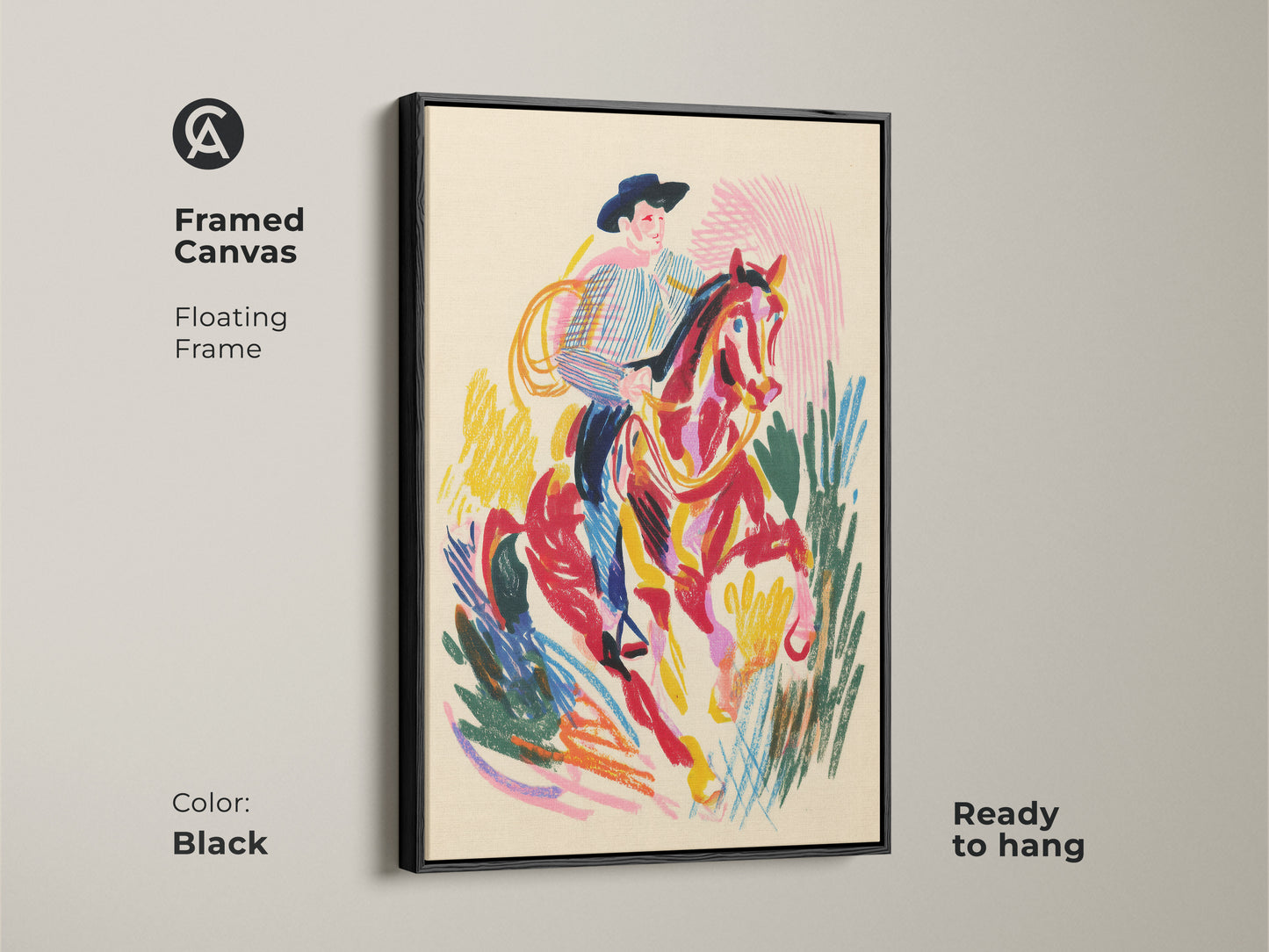 Framed canvas of a cowboy riding a horse with a black floating frame. This western rodeo wall decor is ready to hang. The art features an expressionism print in vibrant colors.