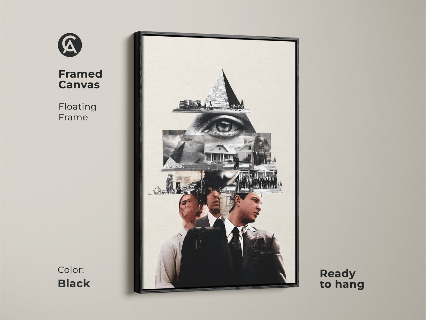 The Framed Canvas in Black is a Monochrome Eye Pyramid Collage. This is a surreal history themed wall art. This conceptual artwork features a pyramid and eye motif in black and white. Buy this intellectual piece that serves as office decor.