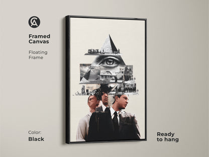 The Framed Canvas in Black is a Monochrome Eye Pyramid Collage. This is a surreal history themed wall art. This conceptual artwork features a pyramid and eye motif in black and white. Buy this intellectual piece that serves as office decor.