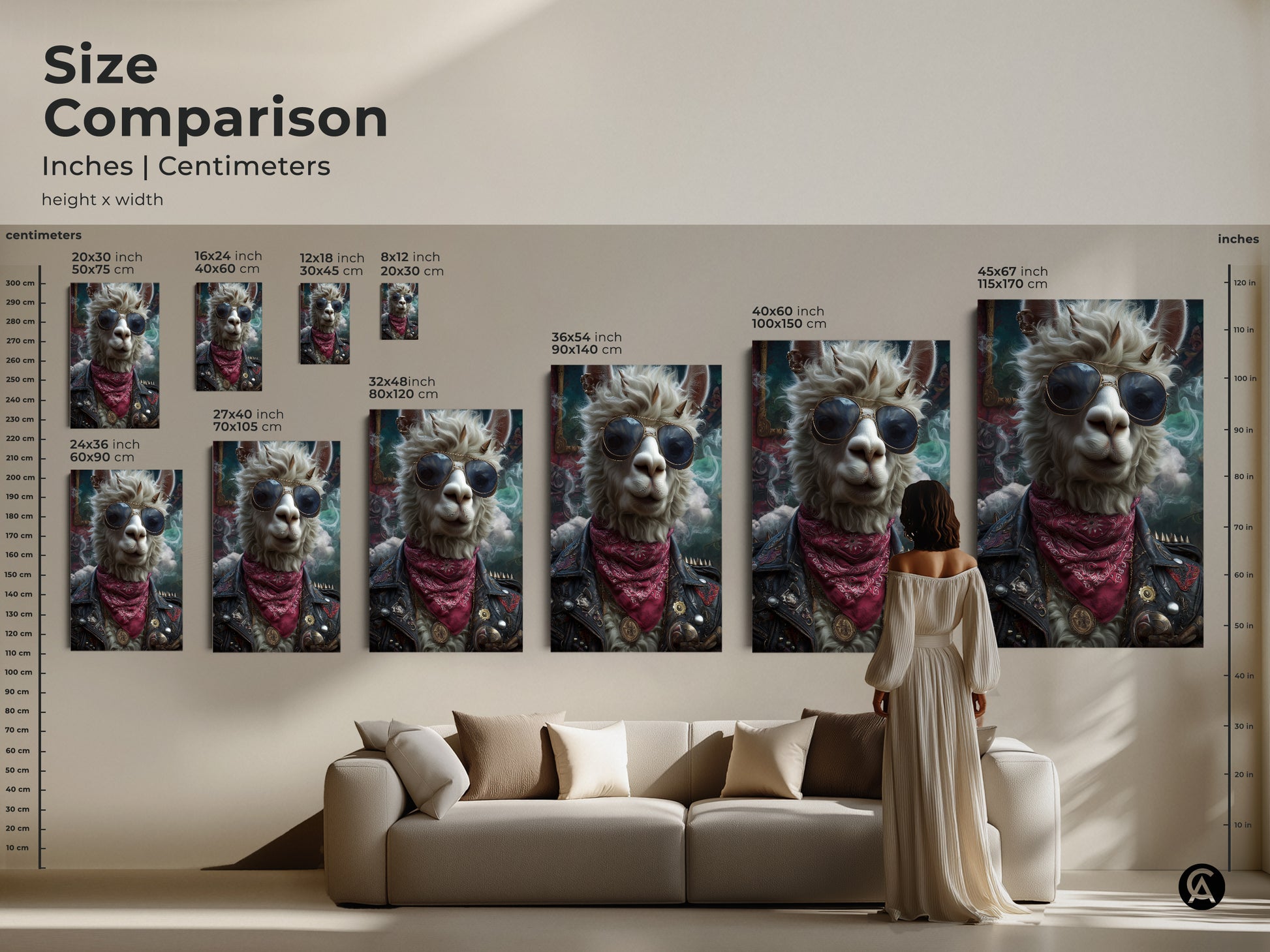 Size comparison of punk llama canvas prints. Various sizes are displayed in inches and centimeters. This surreal animal artwork features a llama with sunglasses and a leather jacket ideal for eclectic rooms. Find the perfect fit for your rock and roll wall decor.