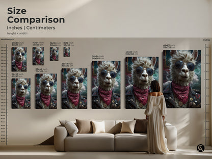 Size comparison of punk llama canvas prints. Various sizes are displayed in inches and centimeters. This surreal animal artwork features a llama with sunglasses and a leather jacket ideal for eclectic rooms. Find the perfect fit for your rock and roll wall decor.