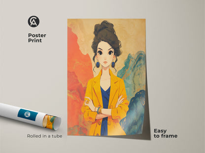 Anime style poster print rolled in a tube for easy framing. This contemporary fashion artwork showcases a stylish woman in a yellow and blue color palette. The art print is perfect for creating a chic wall art display in any room. Ideal as a unique art gift for fashion lovers.