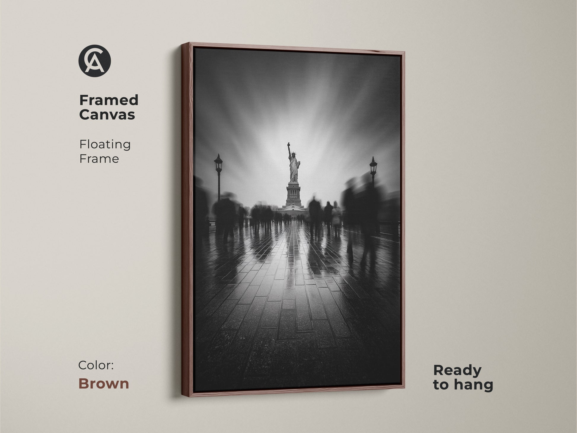 Framed canvas featuring the Statue of Liberty in black and white with a brown floating frame. Ready to hang it enhances modern spaces. Ideal as wall art in entry halls or living rooms this travel destination poster captures the essence of New York. The art piece is for those appreciating iconic travel imagery.