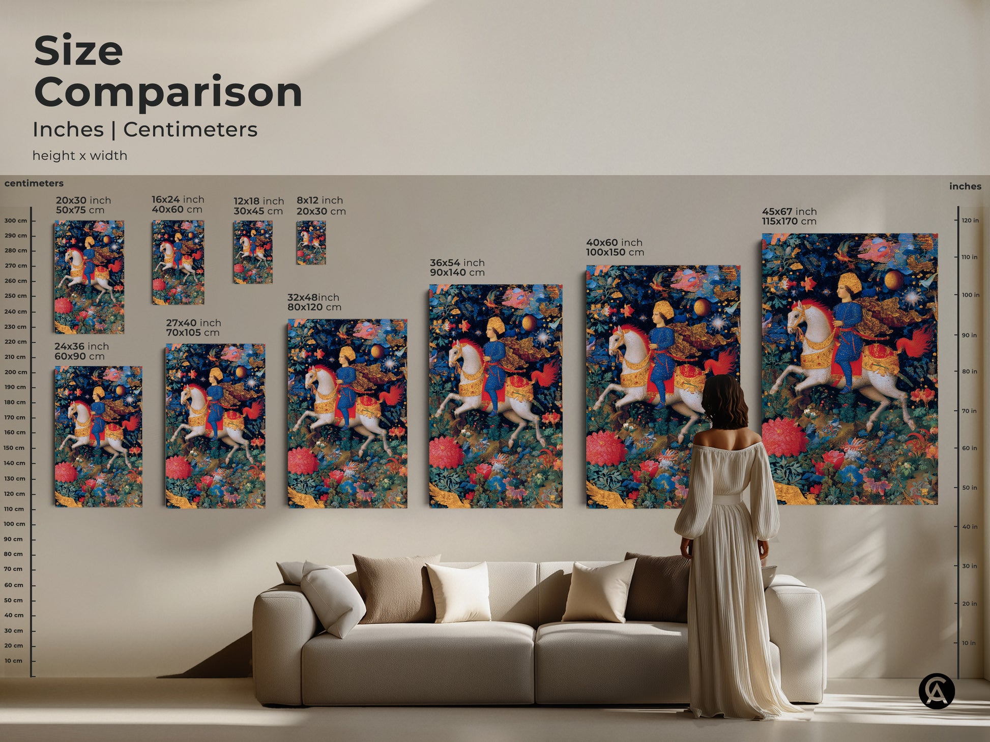 Size comparison of renaissance knight artwork. See how different sizes fit above a sofa. Available in inches and centimeters. Choose from various sizes to enhance your space. Perfect for eclectic home decor and fantasy art lovers.