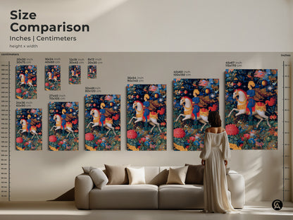 Size comparison of renaissance knight artwork. See how different sizes fit above a sofa. Available in inches and centimeters. Choose from various sizes to enhance your space. Perfect for eclectic home decor and fantasy art lovers.