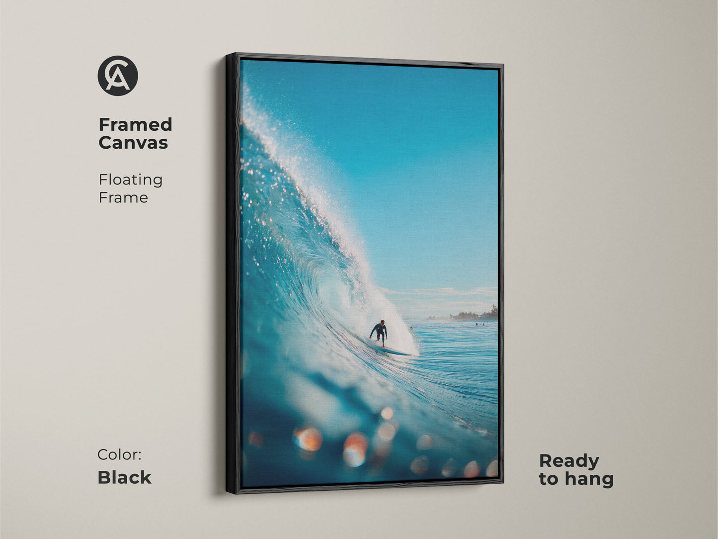Dramatic surf art on framed canvas. A surfer catches a bright blue wave. The floating black frame accentuates the artwork. Ready to hang art for a modern living space.