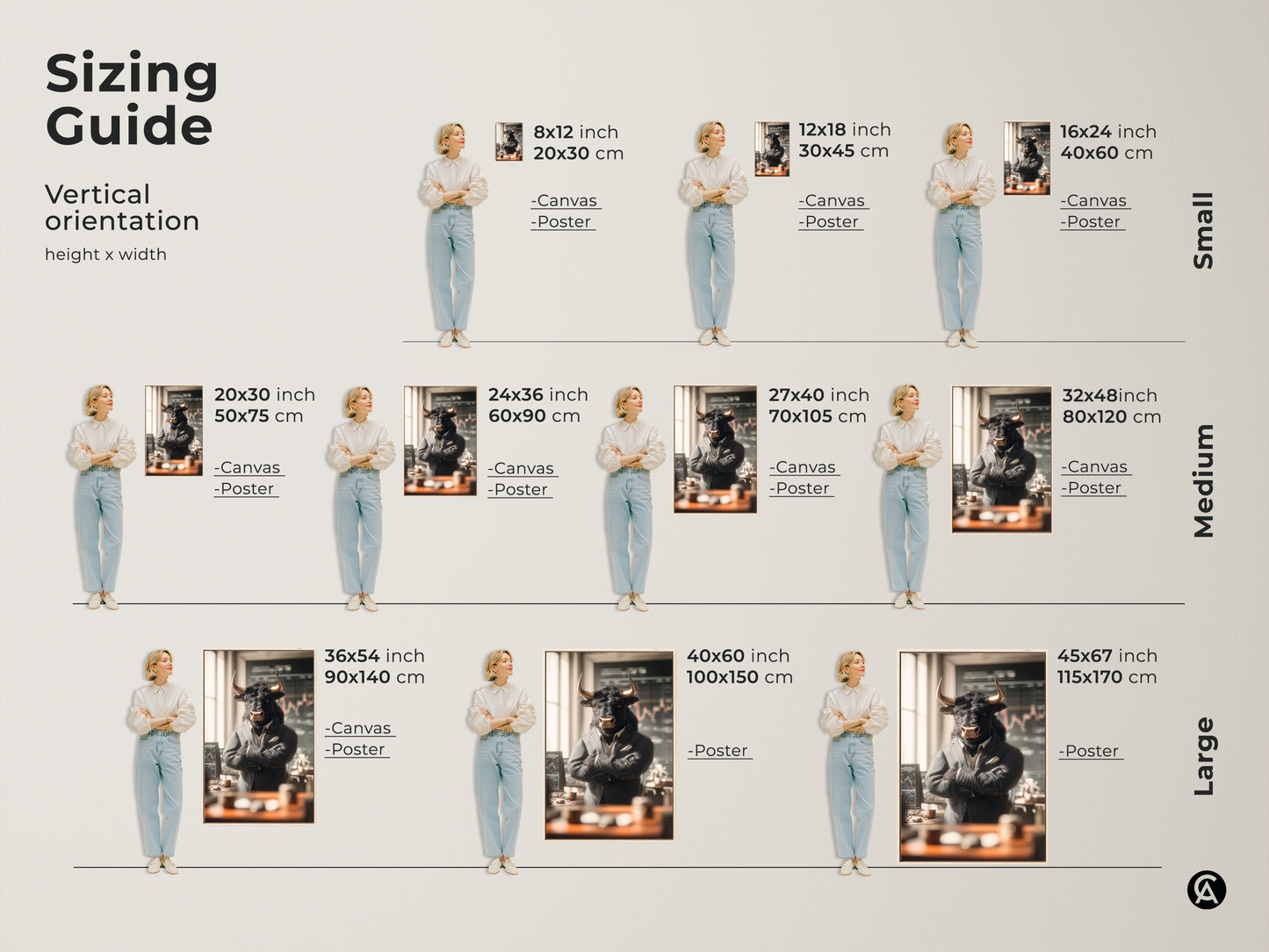 Sizing guide for vertical bull in suit art. Available in various sizes from small to large. Options include canvas and poster prints. Find the perfect size to fit your space and style preferences. This guide helps visualize the artwork's impact.