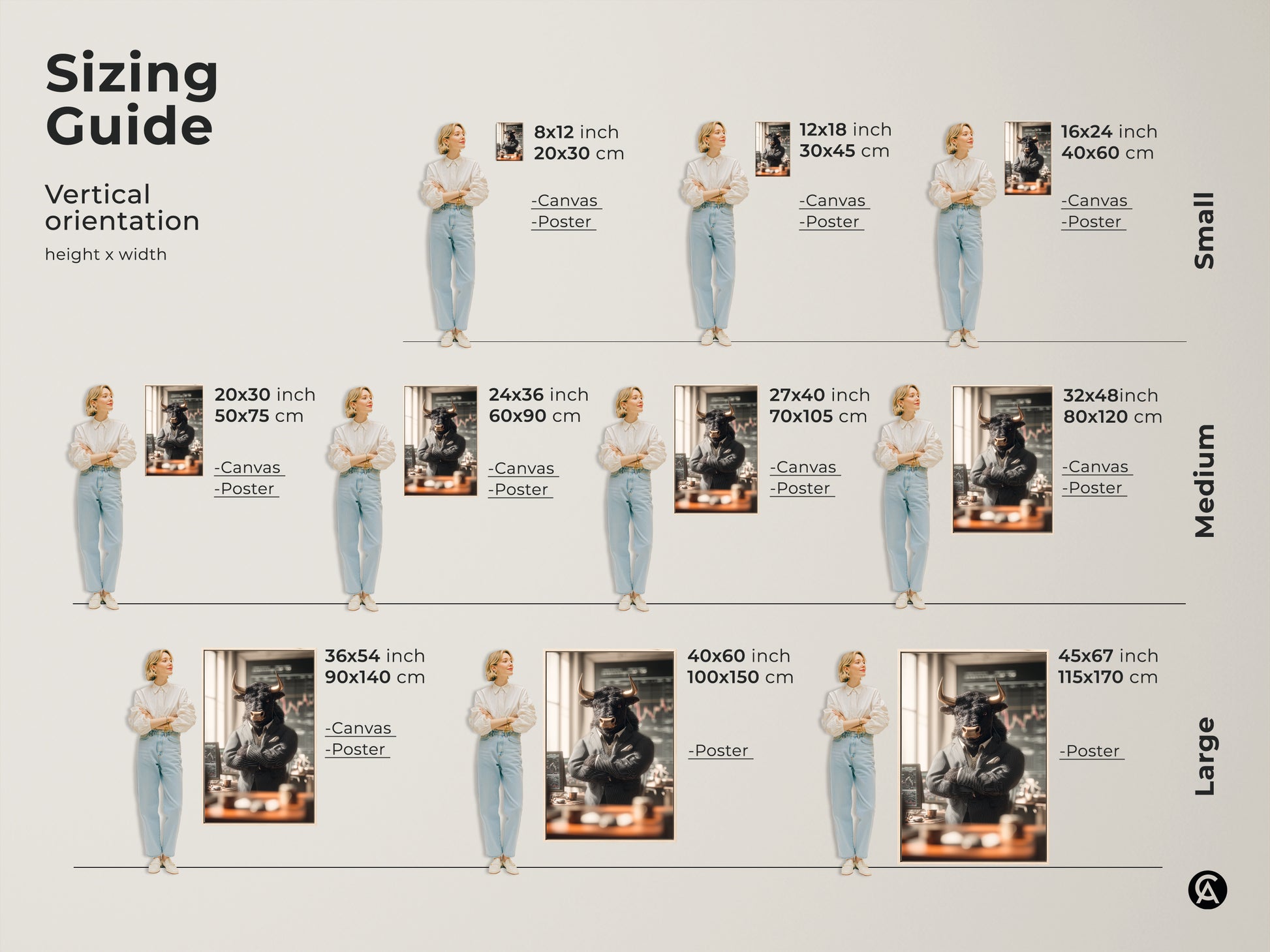 Sizing guide for vertical bull in suit art. Available in various sizes from small to large. Options include canvas and poster prints. Find the perfect size to fit your space and style preferences. This guide helps visualize the artwork's impact.