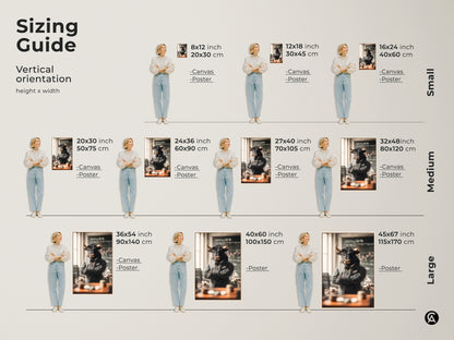 Sizing guide for vertical bull in suit art. Available in various sizes from small to large. Options include canvas and poster prints. Find the perfect size to fit your space and style preferences. This guide helps visualize the artwork's impact.