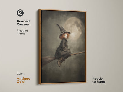 Framed canvas art of a little witch flying on her broomstick. The floating frame is antique gold and ready to hang. This gothic fantasy artwork is perfect for a kids room. The dark academia aesthetic adds magic to any space. A luminous moon lights her way.
