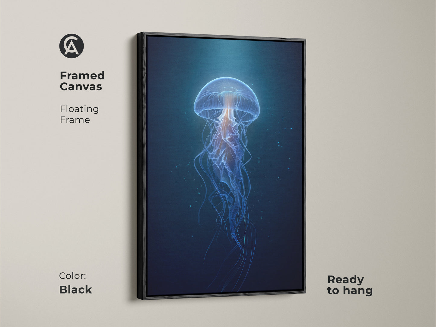 Framed Canvas featuring abstract jellyfish art with a floating black frame. The deep blue and cyan artwork is ready to hang. A contemporary print brings the beauty of marine life to your walls. Perfect for modern bedroom art or as a unique housewarming gift.