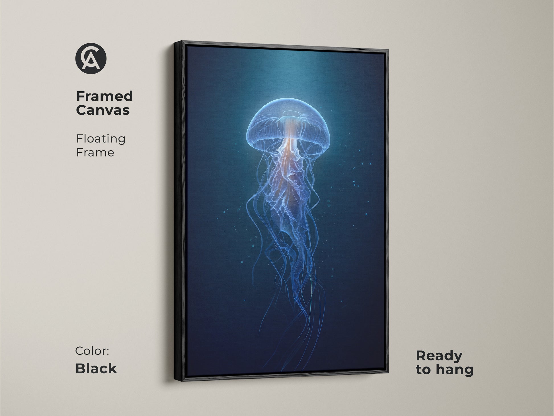 Framed Canvas featuring abstract jellyfish art with a floating black frame. The deep blue and cyan artwork is ready to hang. A contemporary print brings the beauty of marine life to your walls. Perfect for modern bedroom art or as a unique housewarming gift.