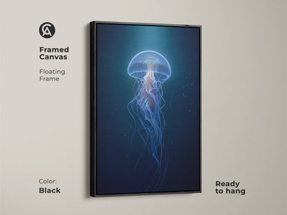 Framed Canvas featuring abstract jellyfish art with a floating black frame. The deep blue and cyan artwork is ready to hang. A contemporary print brings the beauty of marine life to your walls. Perfect for modern bedroom art or as a unique housewarming gift.