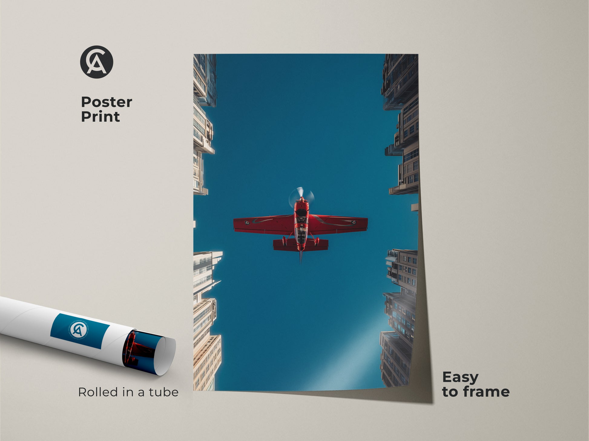 Aviation art poster print showcasing a crimson red aeroplane flying above city skyscrapers. This urban wall artwork is easy to frame. Rolled in a tube. A unique aviation enthusiast gift for workspace or home. The sky is deep blue.