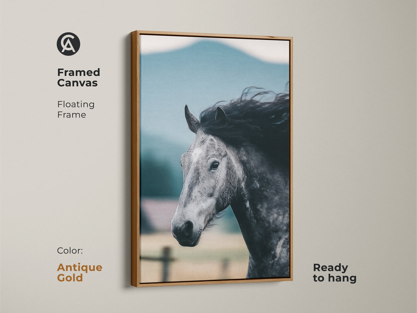 Framed in antique gold this canvas of a monochrome horse is ready to hang. The floating frame enhances the rustic horse artwork. A unique gift for equestrians bringing equine elegance to any space.