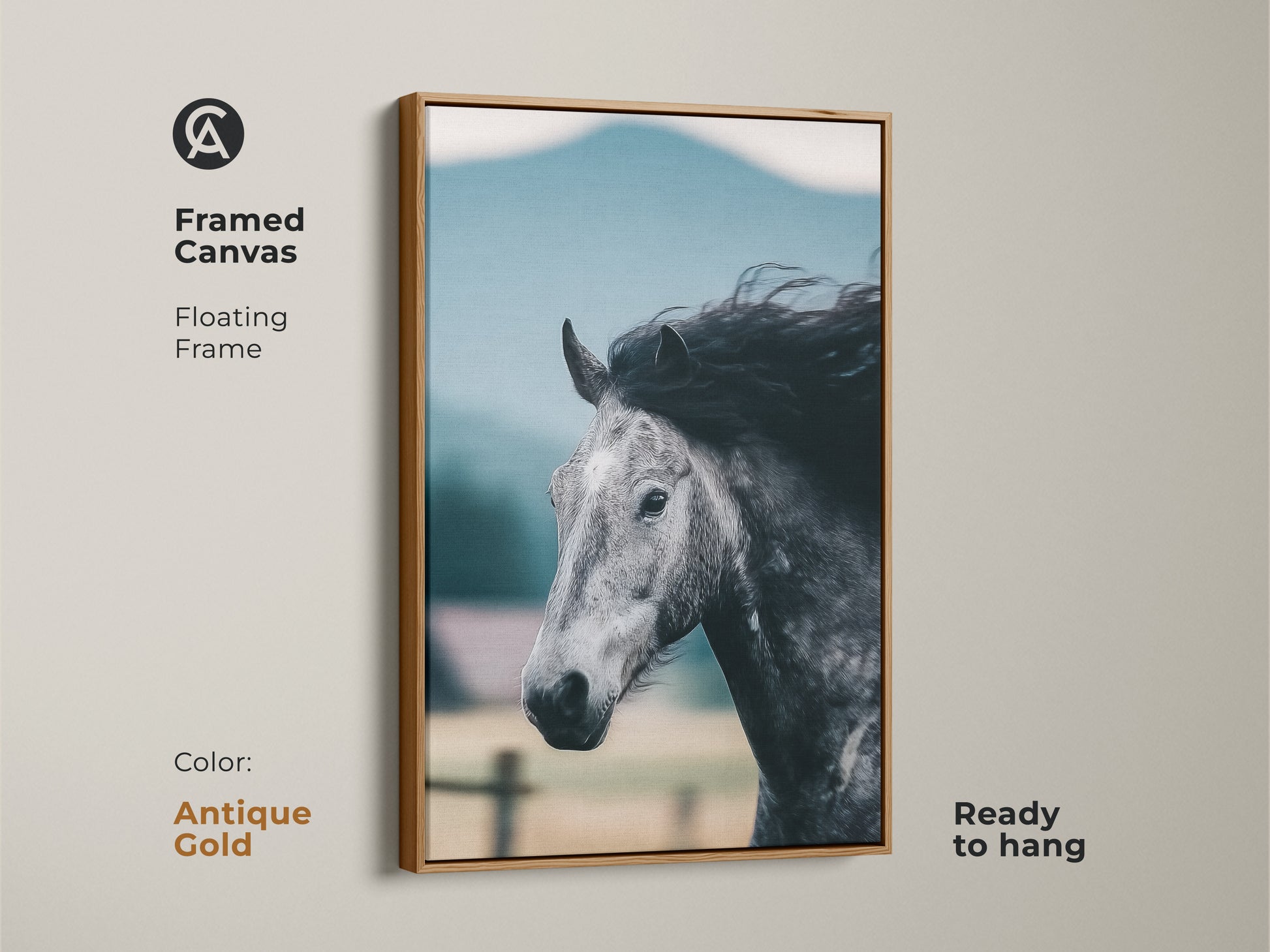 Framed in antique gold this canvas of a monochrome horse is ready to hang. The floating frame enhances the rustic horse artwork. A unique gift for equestrians bringing equine elegance to any space.