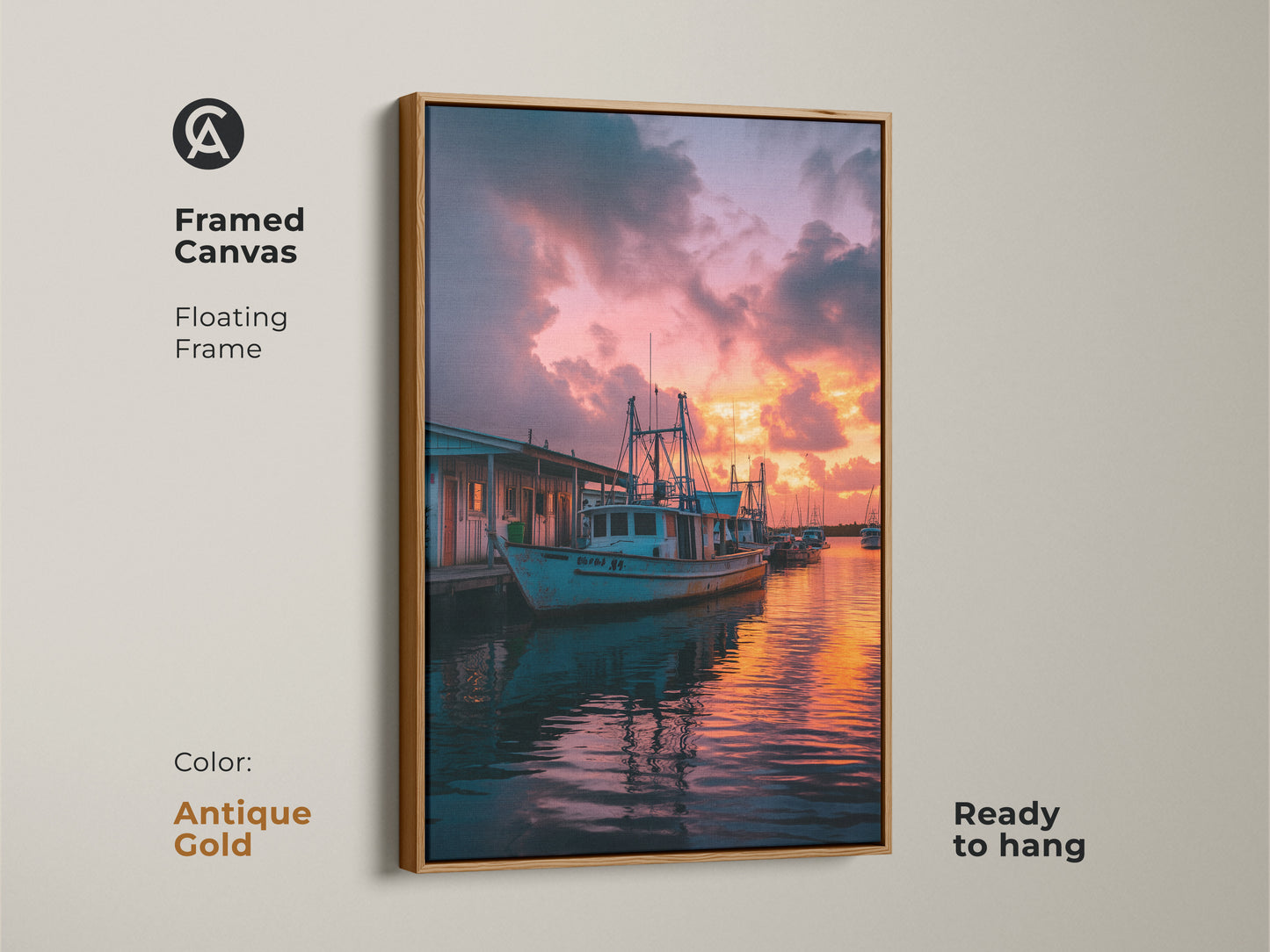 Framed canvas print of a fishing boat at sunset with an antique gold floating frame. This ready-to-hang artwork brings a touch of elegance to your coastal themed space. The orange and pink sky create a vibrant reflection on the water. A great nautical themed canvas.