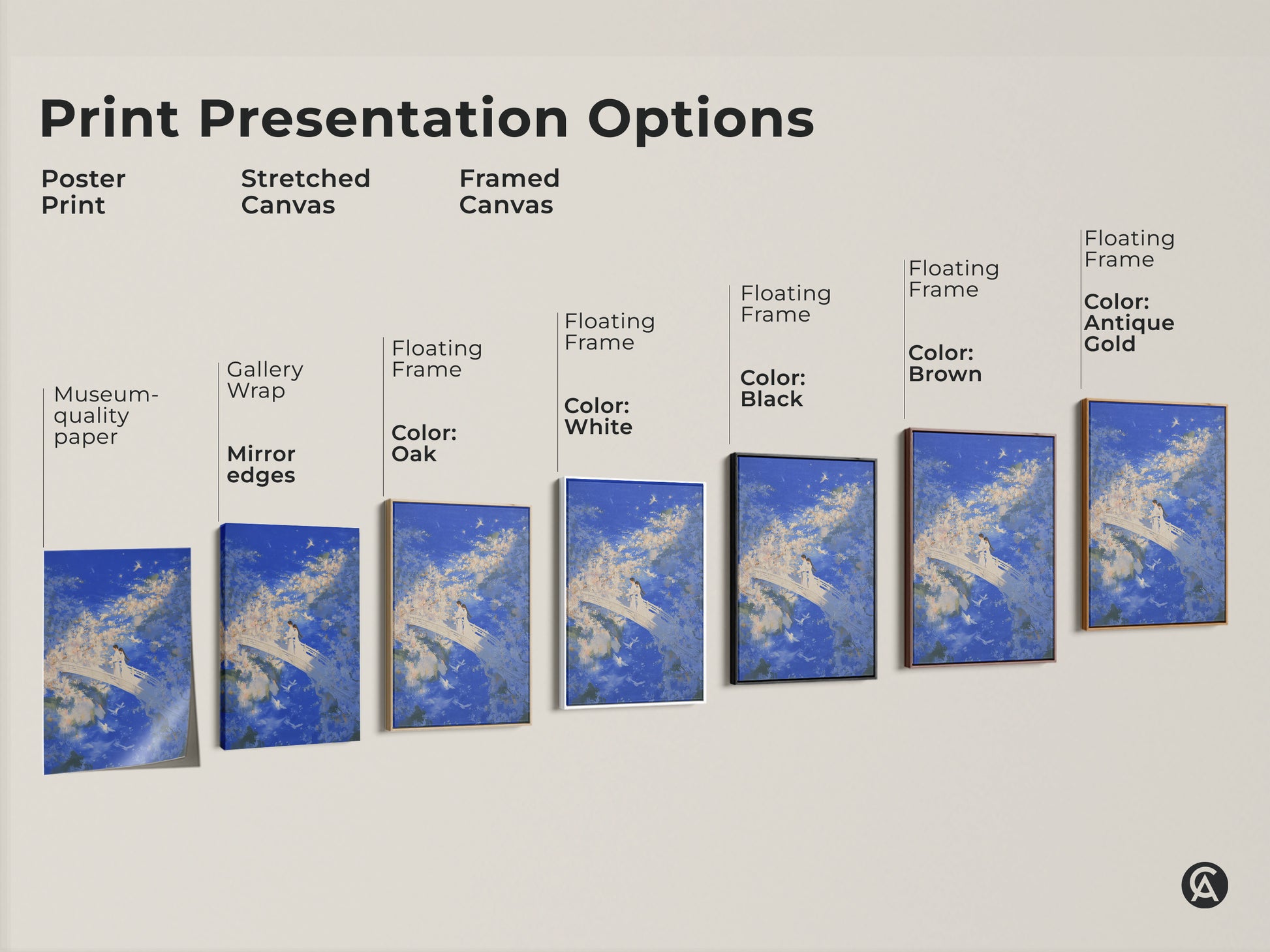 Sizing guide for vertical orientation couple on bridge artwork. Available as canvas or poster in small medium and large sizes. Various dimensions in inches and centimeters are shown.