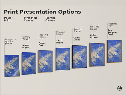 Sizing guide for vertical orientation couple on bridge artwork. Available as canvas or poster in small medium and large sizes. Various dimensions in inches and centimeters are shown.